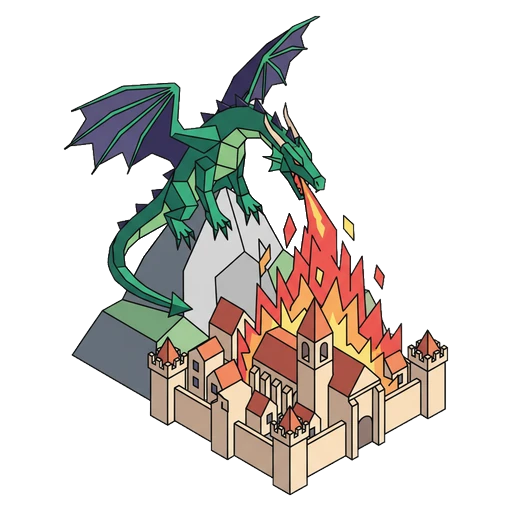 dragon breathing fire onto town Isometric icon